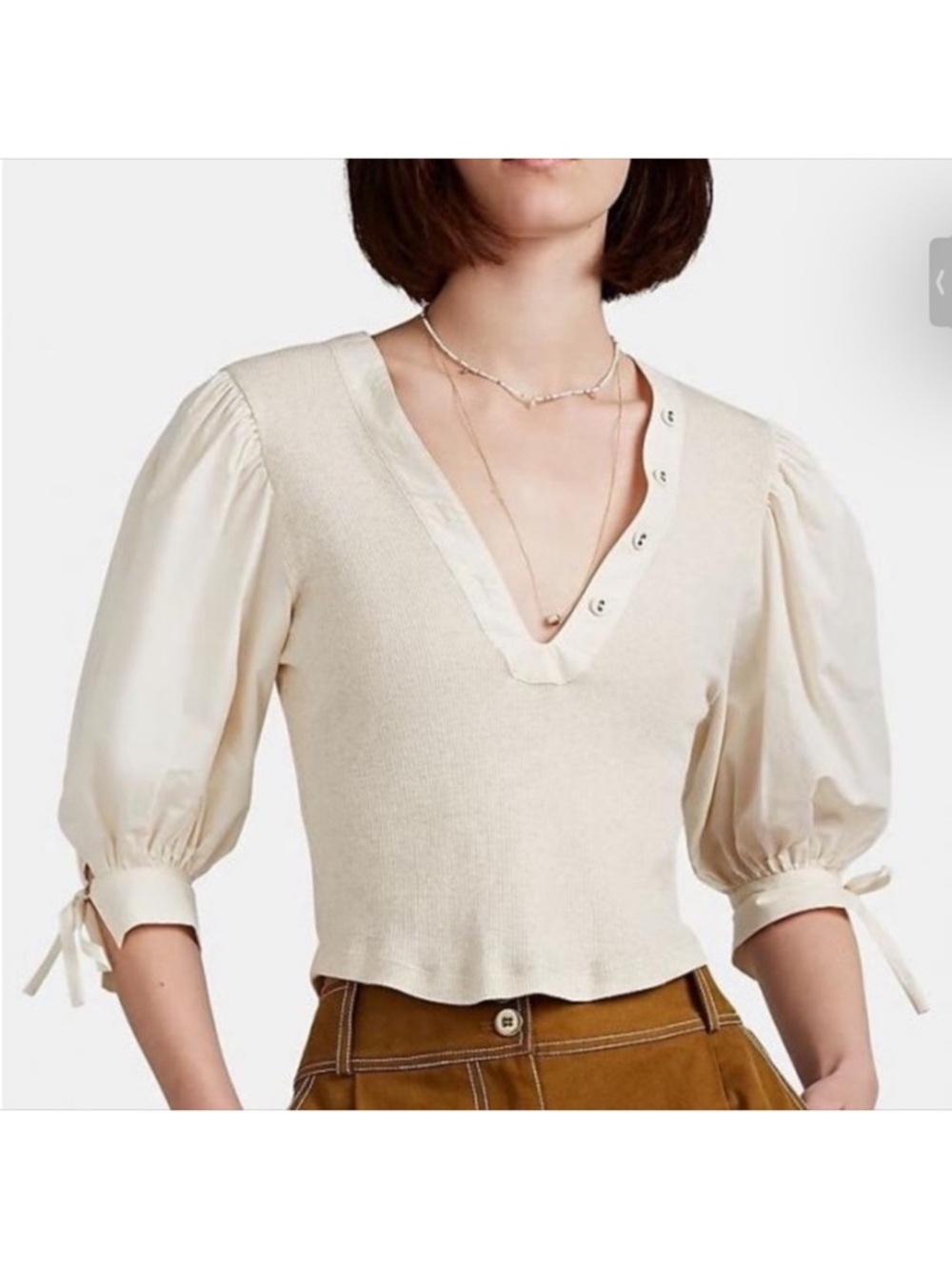 ULLA JOHNSON PIA V-NECK MELANGE RIB KNIT TOP WITH PUFF SLEEVES SIZE MEDIUM - Picture 2 of 13